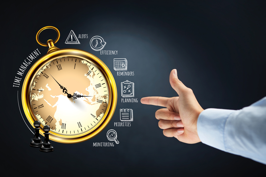Hand pointing at time management concept
